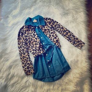 Denim shirt dress with leopard cardigan